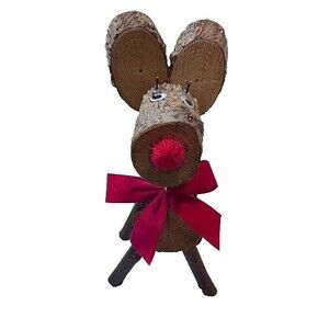Rustic Wood Christmas Reindeer 12" Tabletop Decor Googly Eyes Red Nose Rudolph